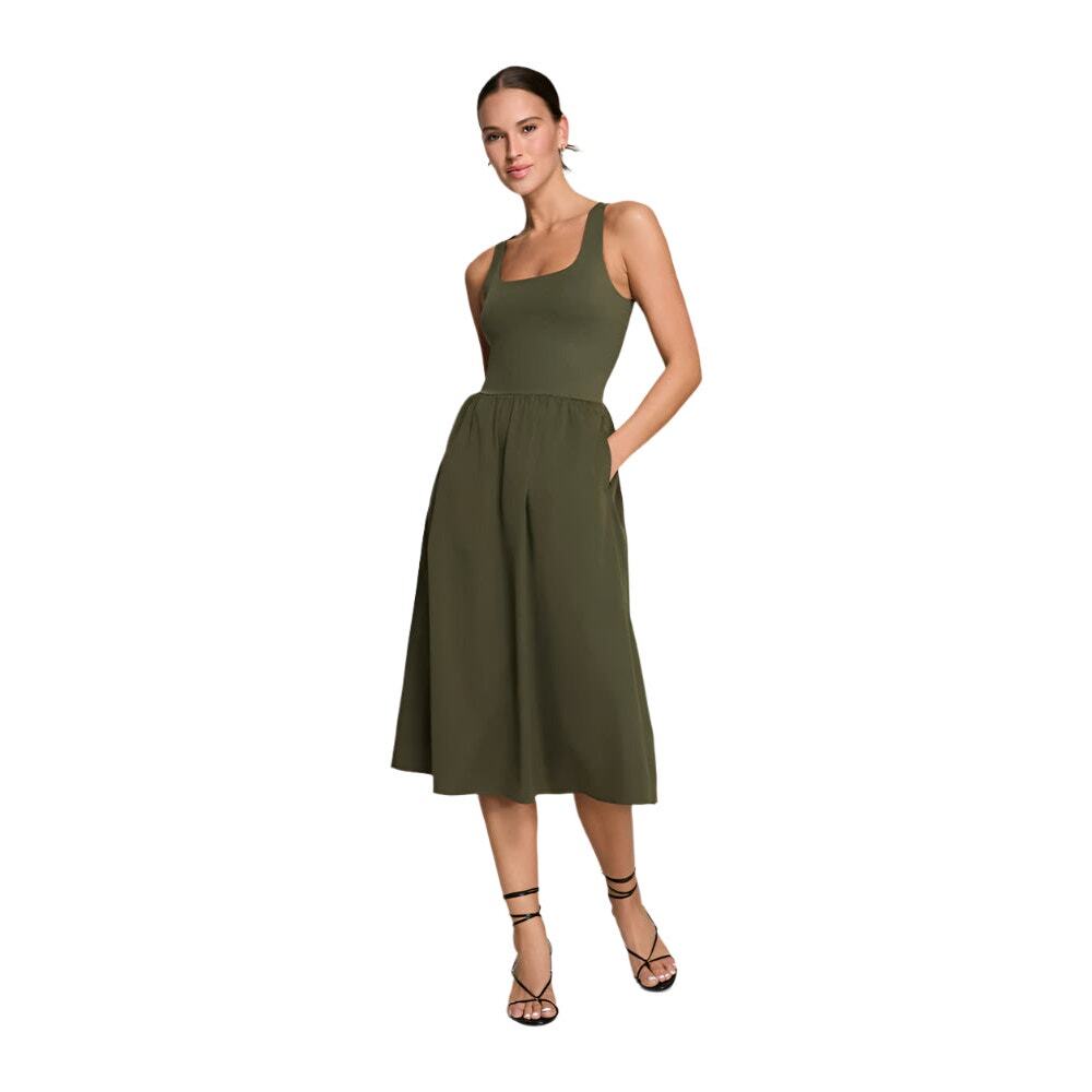 NWT SPANXsmooth Midi Dress Large Dark Pine Green Mixed Media Cotton Skirt Pocket